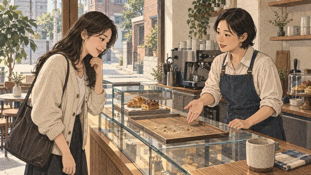 A café worker shows an empty pastry tray to a customer, illustrating 없어요 (eopseoyo), there isn’t.