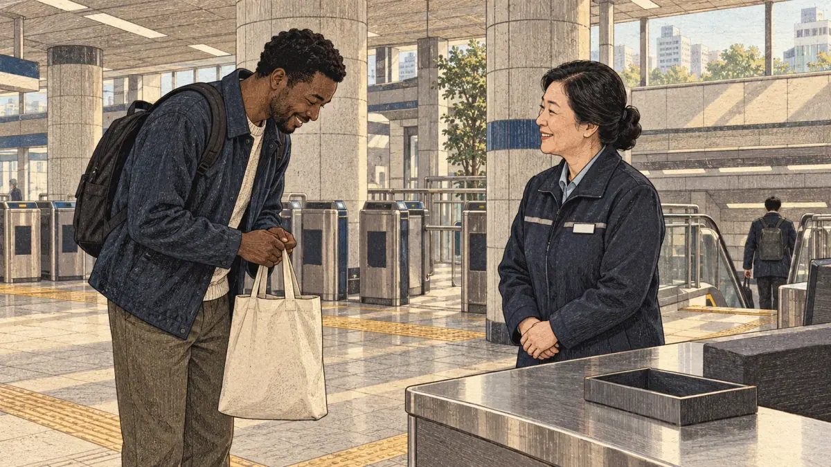 An adult learner thanks a Korean station worker with a slight bow, illustrating 감사합니다 (gamsahamnida).