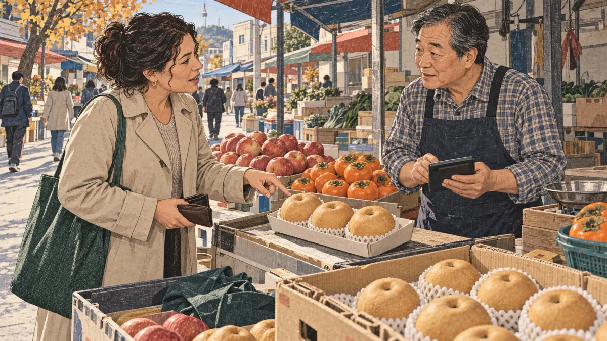 A customer asks a Seoul market vendor the price of pears, illustrating 값 (gap), price.