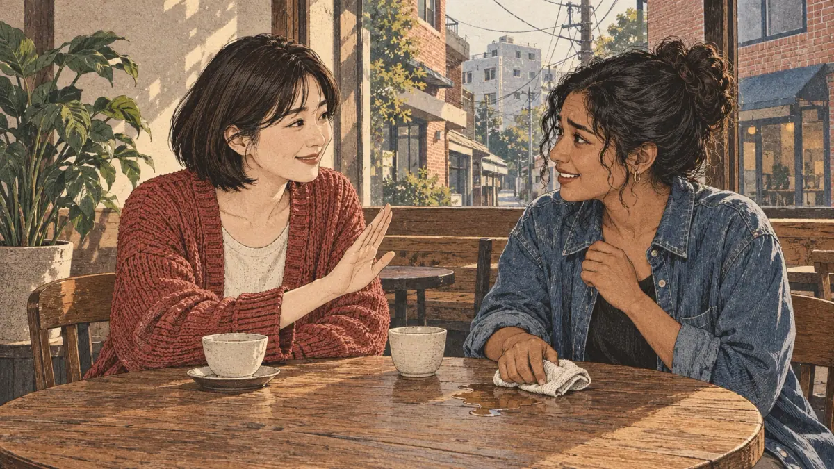 A Korean friend reassures a learner with 괜찮아요 (gwaenchanayo) after a small café spill.