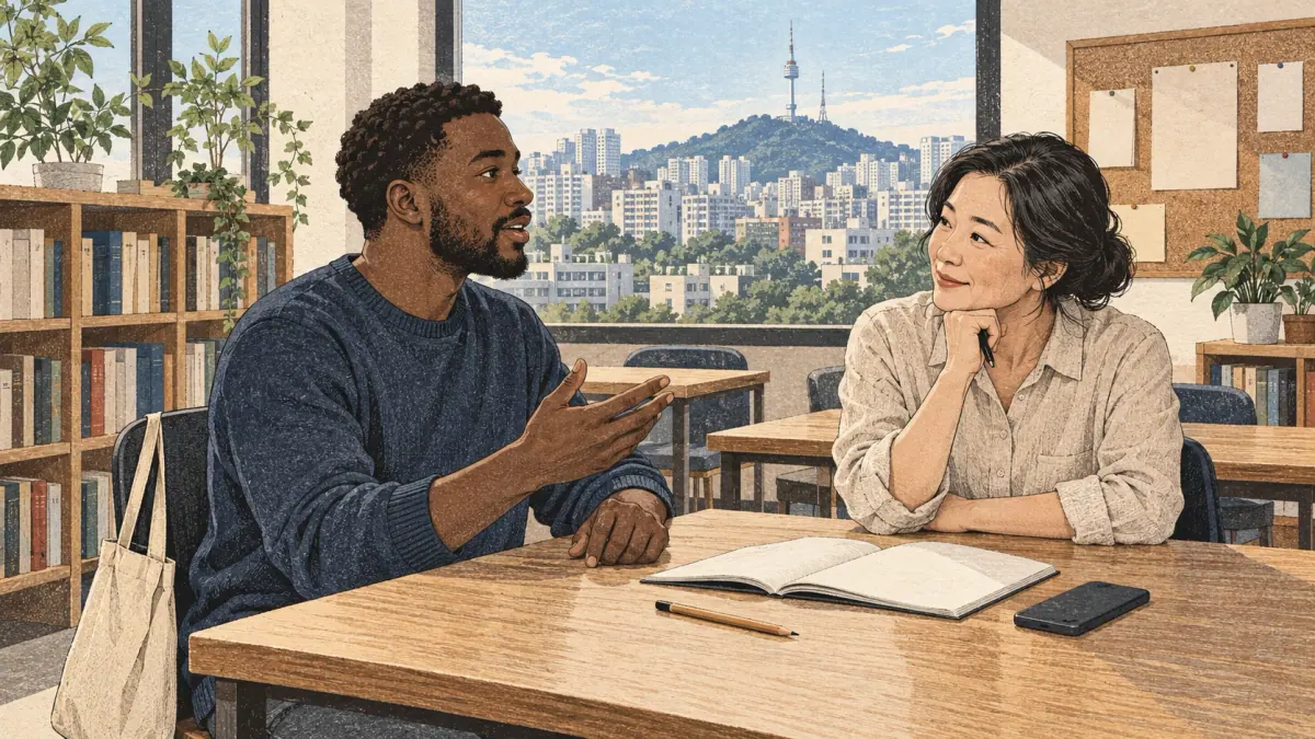 An adult learner practices saying 한국어 (hangugeo) with a Korean tutor in Seoul.