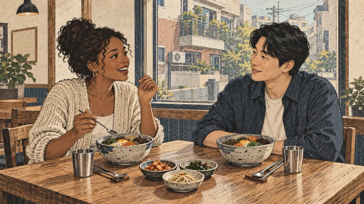 A learner praises a Korean meal while practising pronunciation with a friend in Seoul.