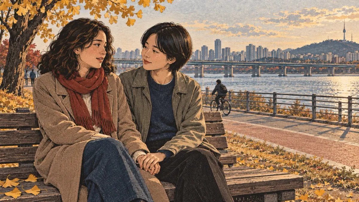 An adult learner says a loving phrase to her Korean partner on a Seoul riverside bench.