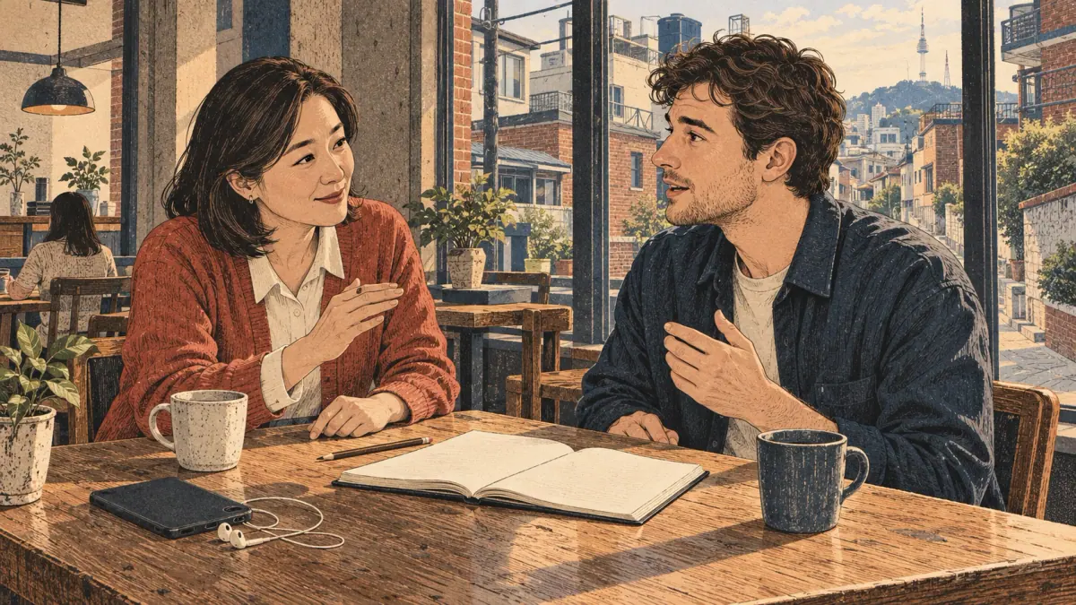 An adult learner repeats a Korean word while a tutor listens during a café language exchange in Seoul.