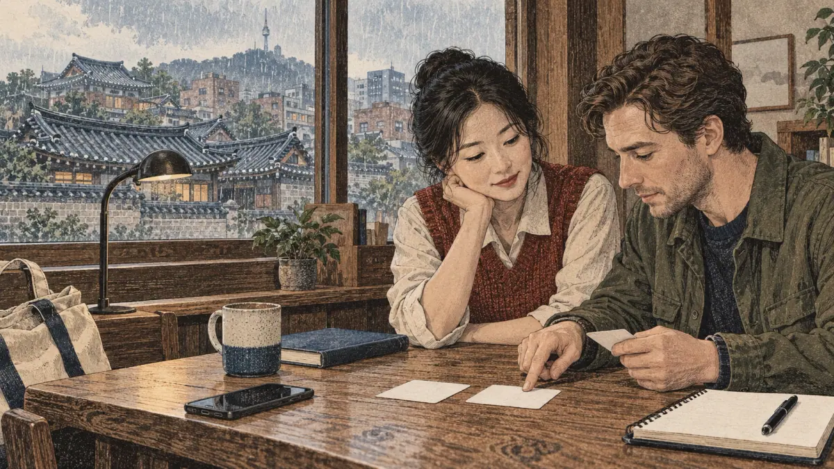 An adult learner listens and repeats with a Korean partner in a Jongno reading corner.