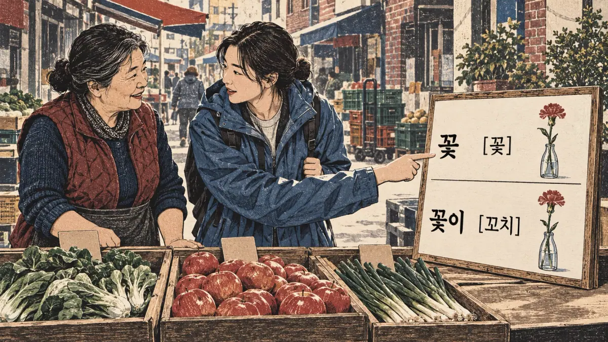 Labelled examples: 꽃, [꼳], 꽃이, [꼬치]