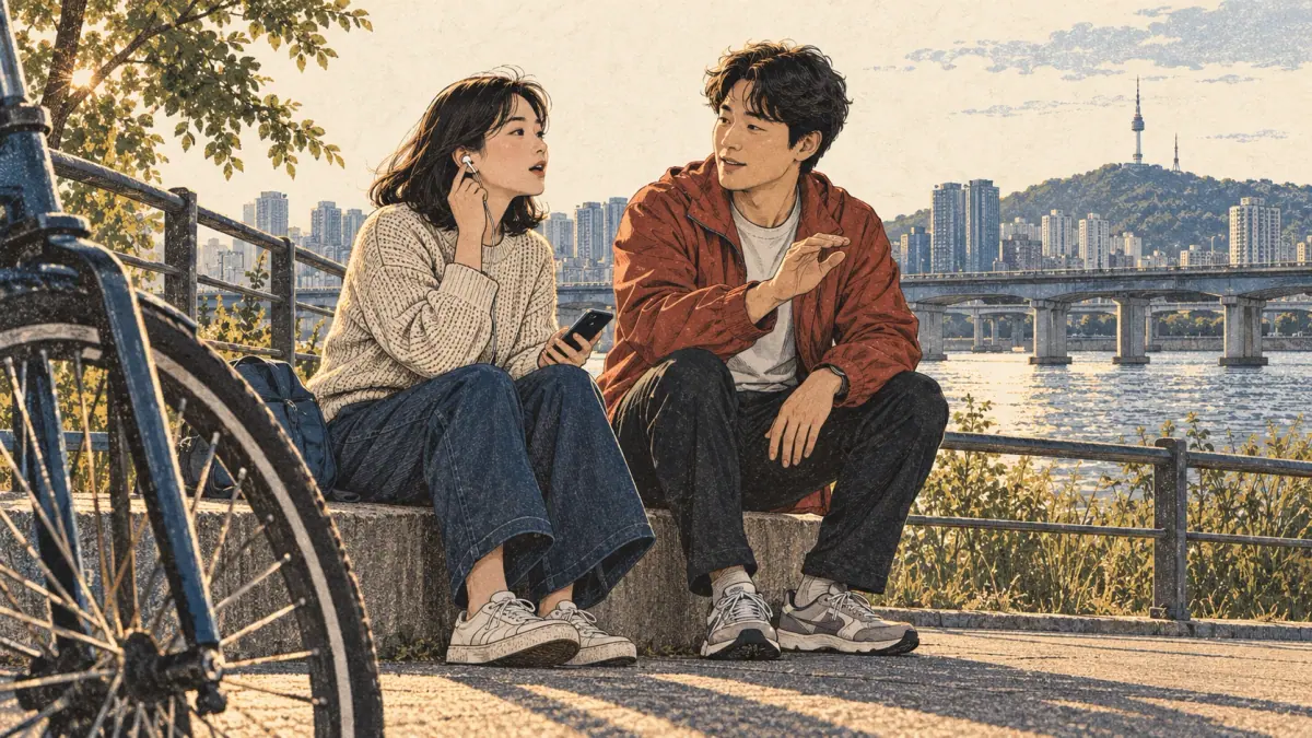 An adult learner listens and repeats with a Korean partner on a Han River path.