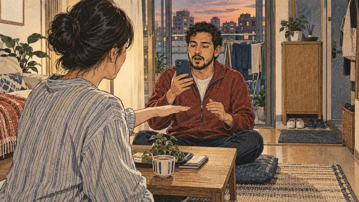 An adult learner listens and repeats with a Korean partner in Seoul.
