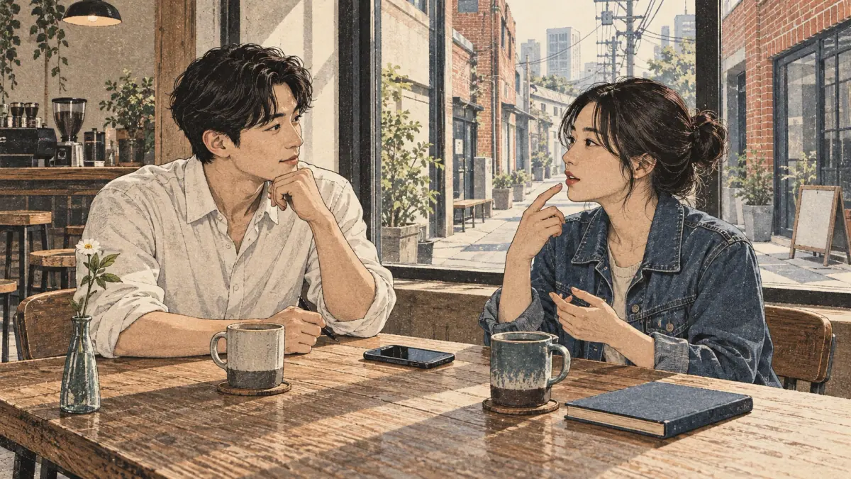 Adult learners practise Korean together in a Seoul café.