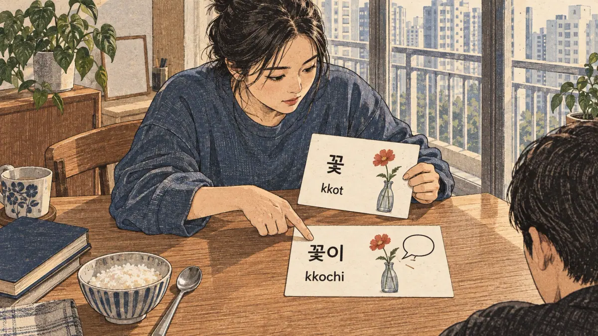 Illustrated practice cards: 꽃, kkot, 꽃이, kkochi