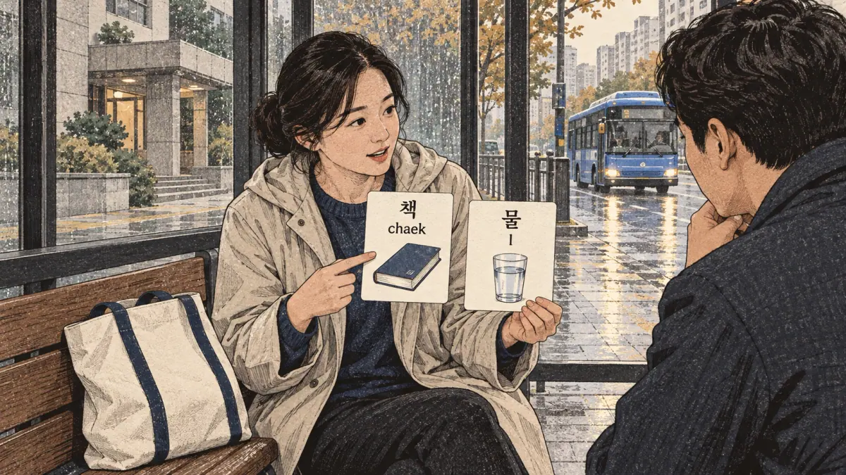 Illustrated practice cards: 책, chaek, 물