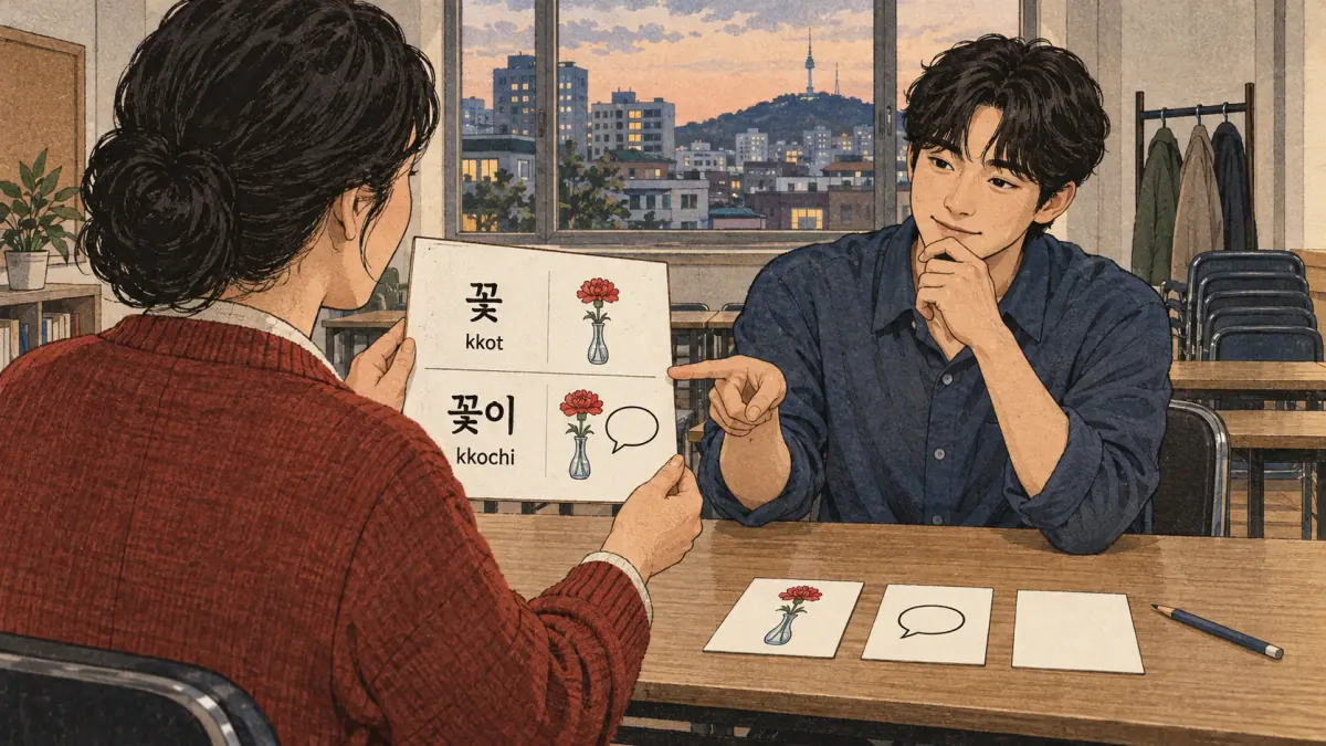 Illustrated practice cards: 꽃, kkot, 꽃이, kkochi