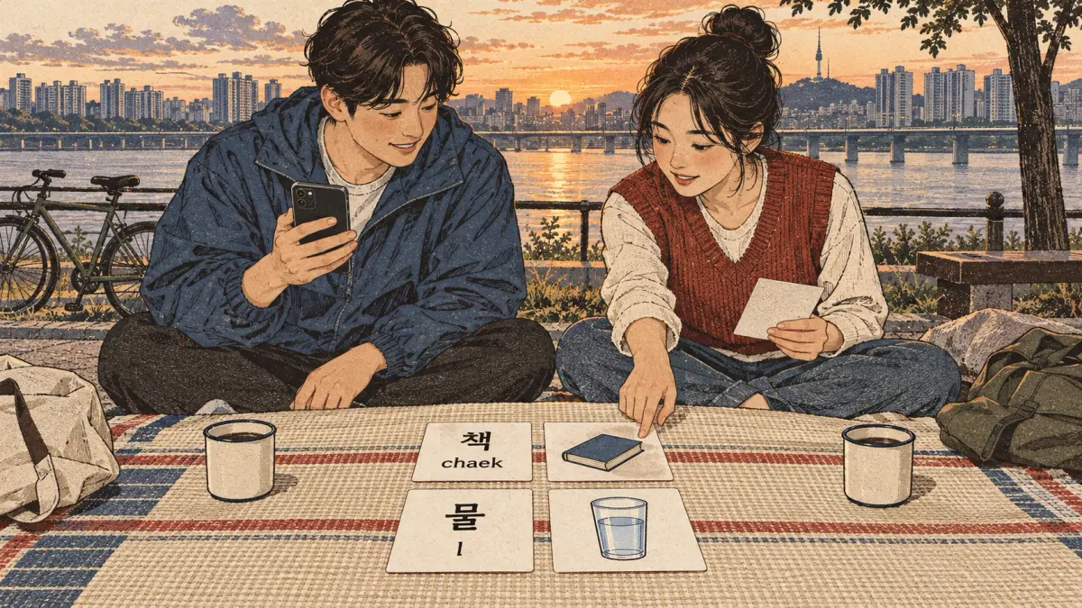 Illustrated practice cards: 책, chaek, 물