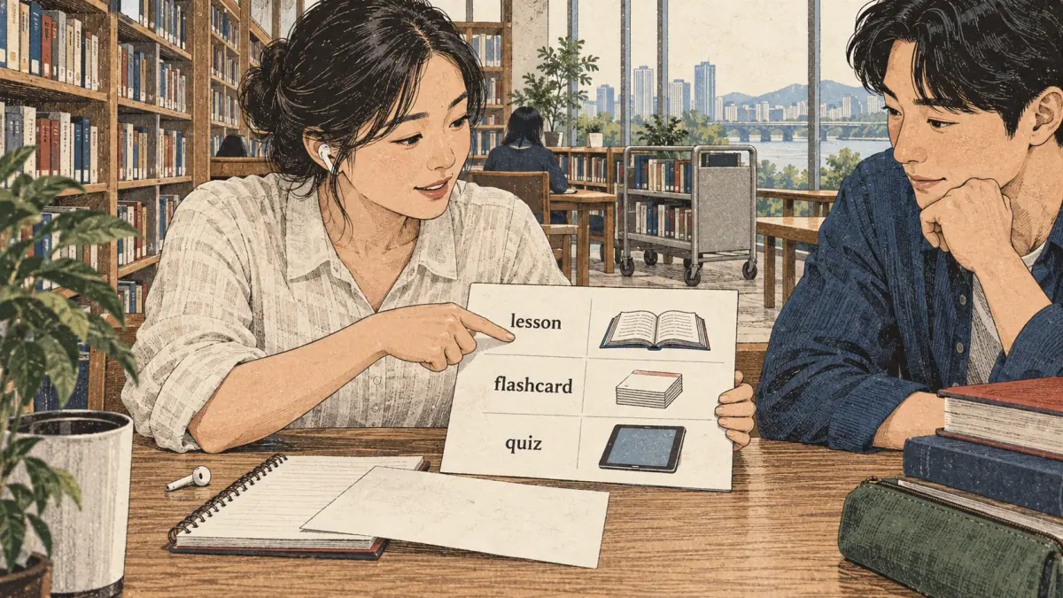 Illustrated practice card with lesson steps and a learner studying in Seoul.