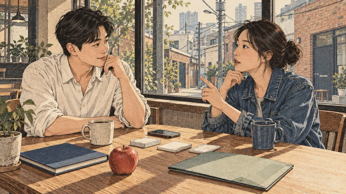 Adult learners practise Korean together in a Seoul café.