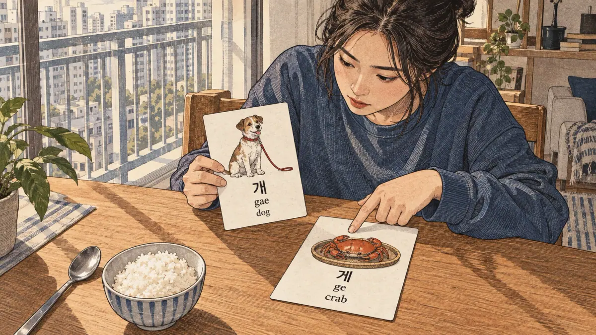 Illustrated practice cards: 개, gae, 게, ge