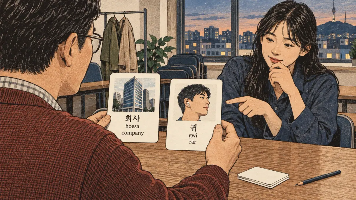 Illustrated practice cards: 회사, hoesa, 귀, gwi