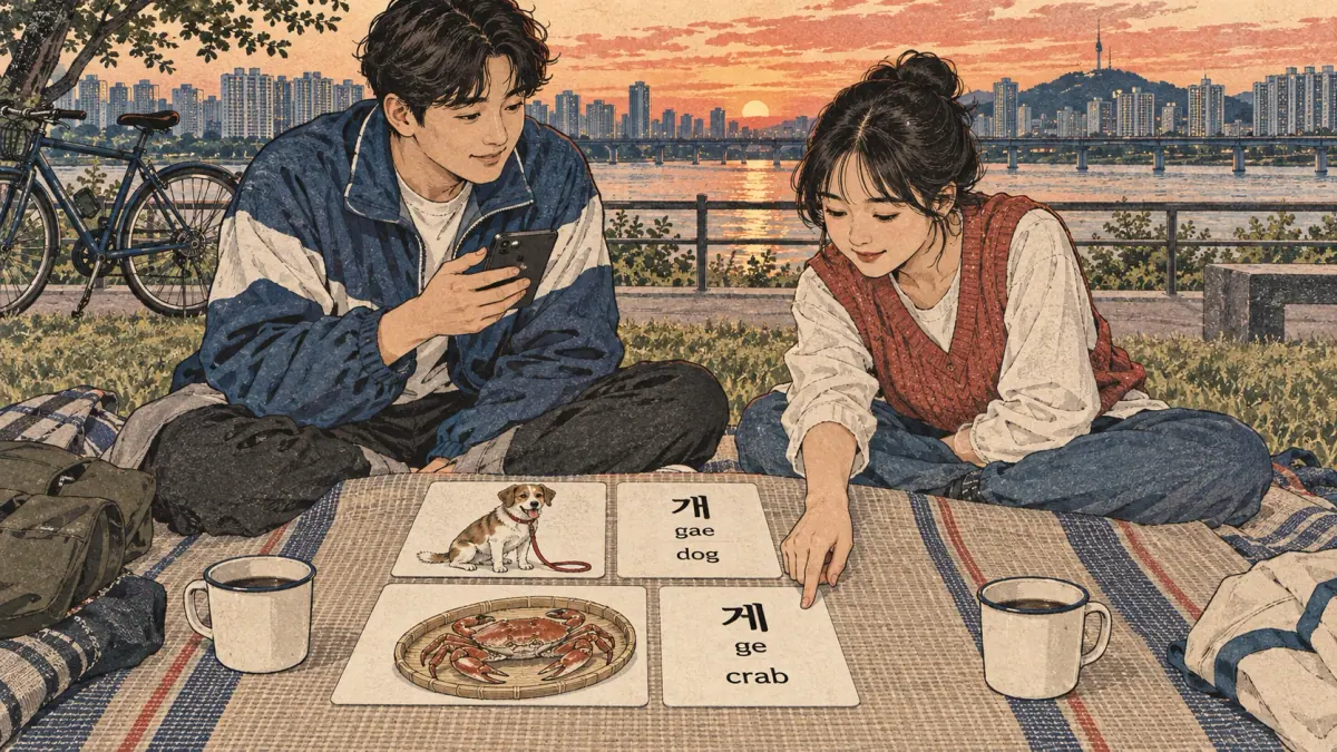 Illustrated practice cards: 개, gae, 게, ge
