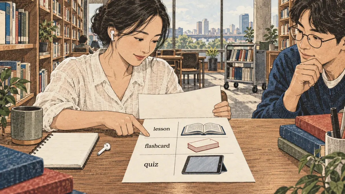Illustrated practice card with lesson steps and a learner studying in Seoul.