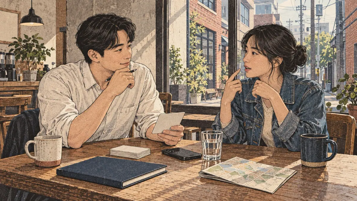Adult learners practise Korean together in a Seoul café.