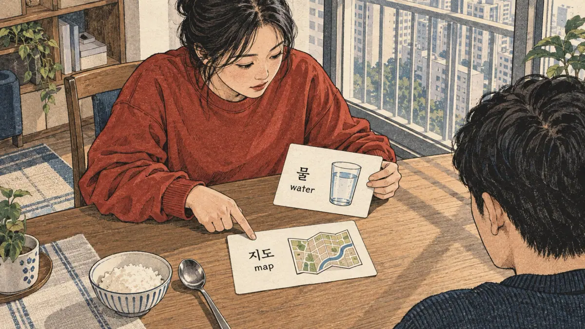 Illustrated practice cards: 물, 지도