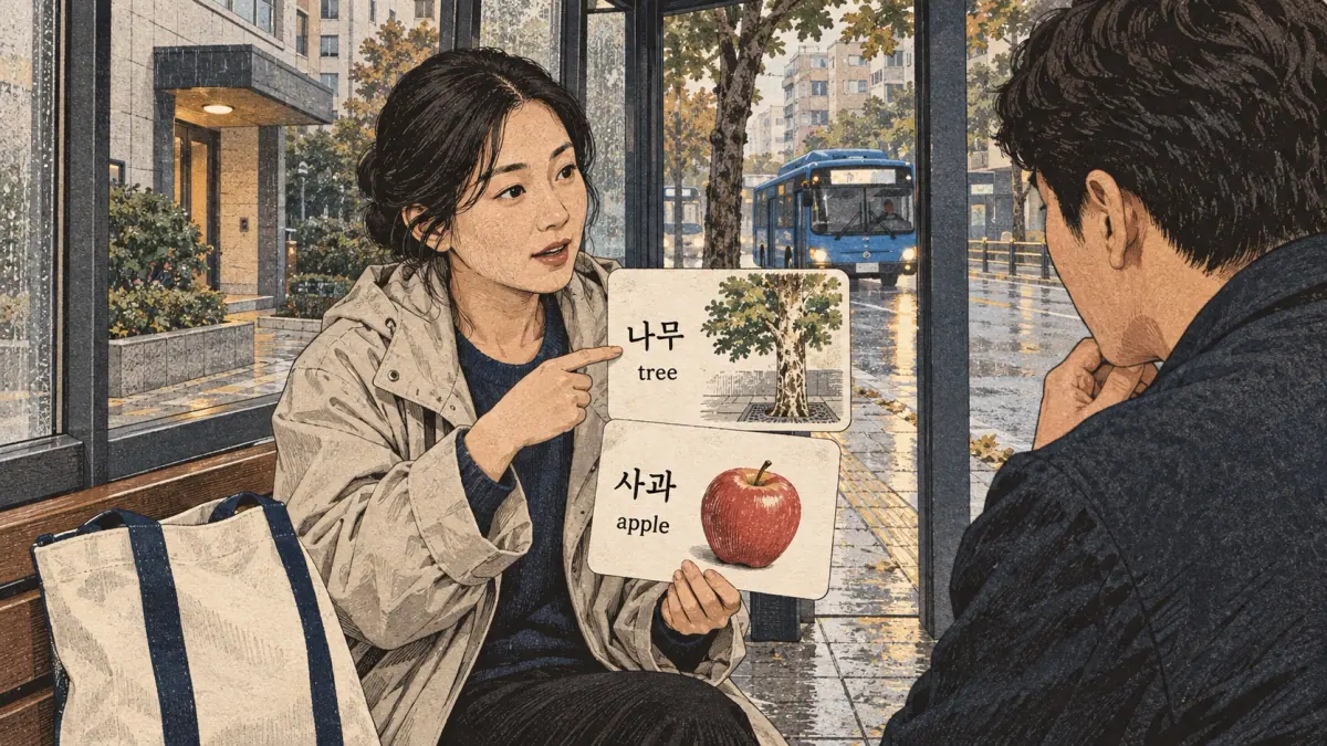Illustrated practice cards: 나무, 사과