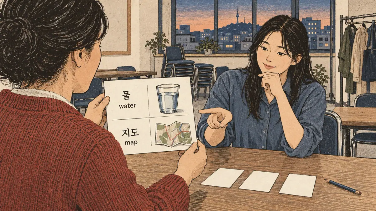 Illustrated practice cards: 물, 지도