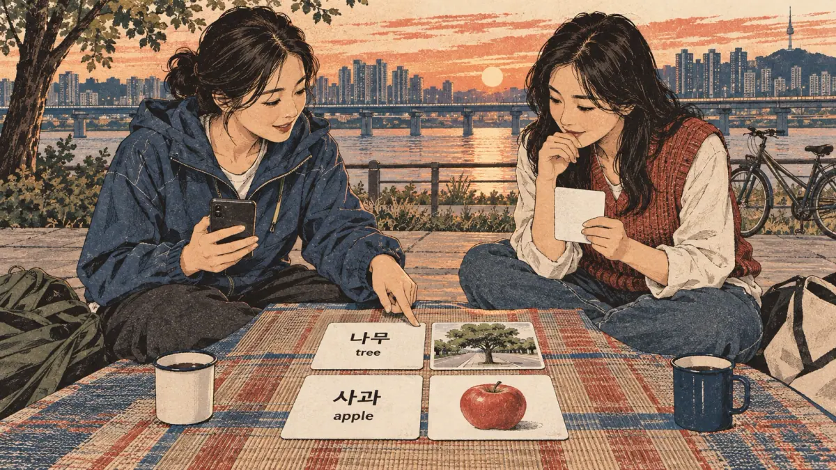 Illustrated practice cards: 나무, 사과