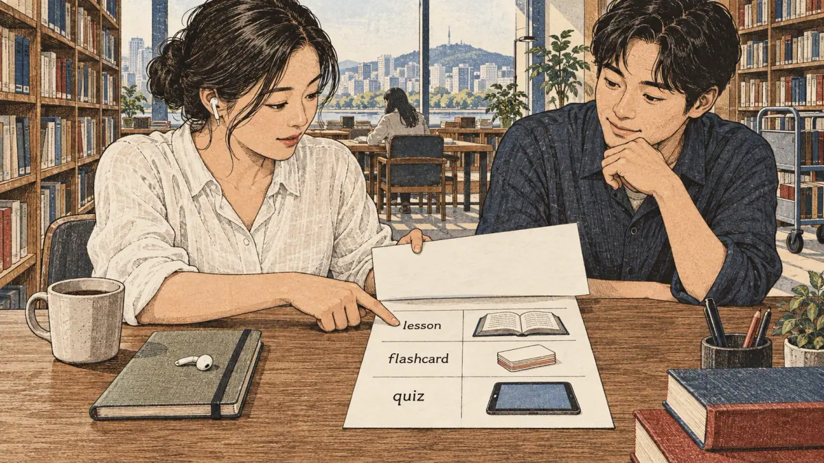 Illustrated practice card with lesson steps and a learner studying in Seoul.