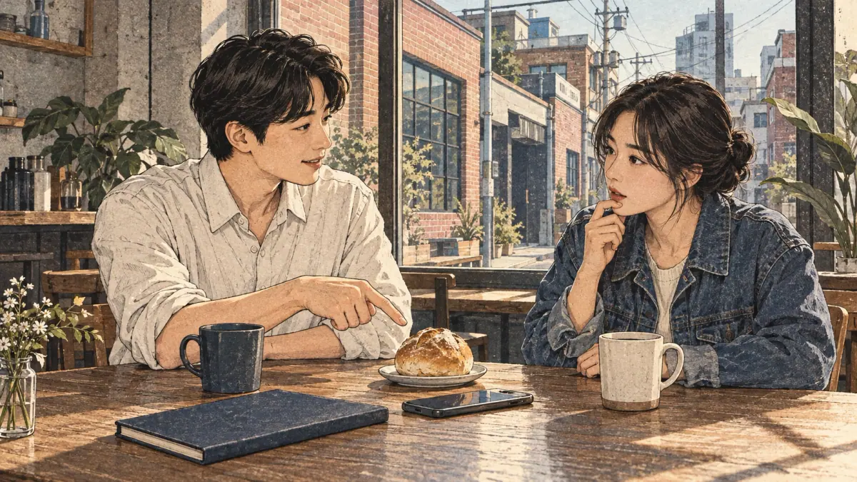 Adult learners practise Korean together in a Seoul café.