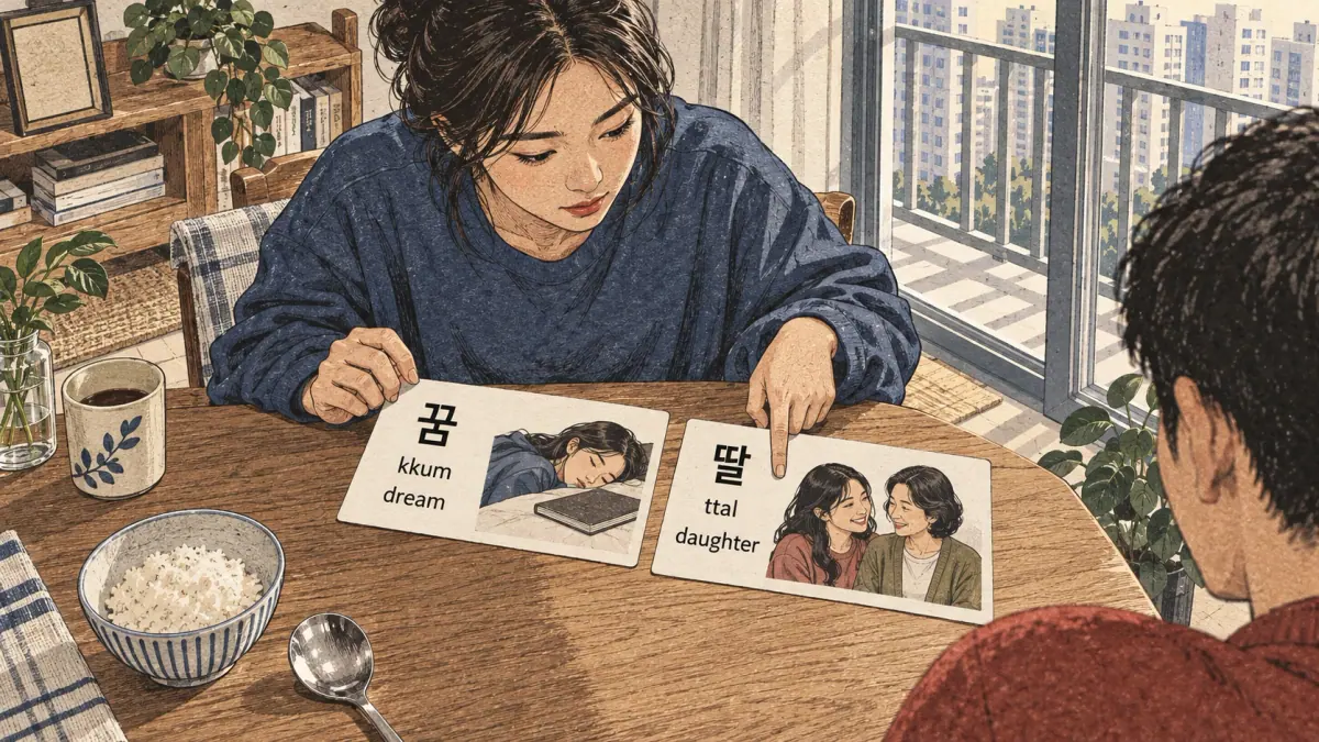 Illustrated practice cards: 꿈, kkum, 딸, ttal