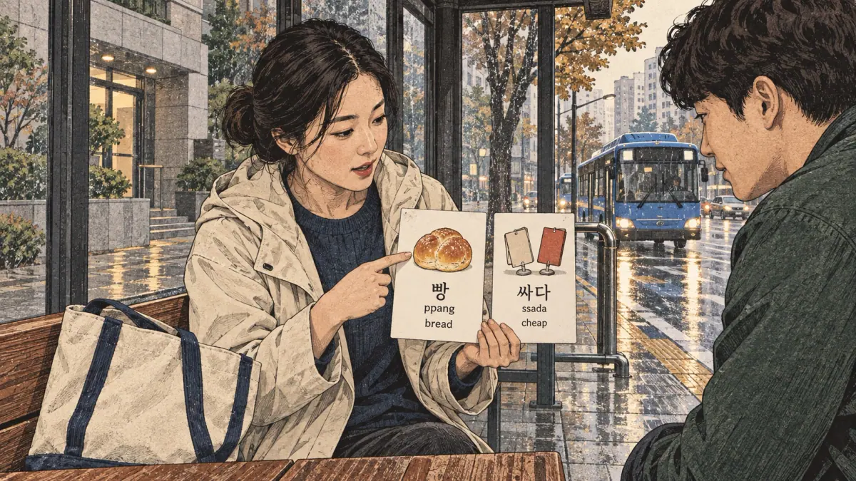 Illustrated practice cards: 빵, ppang, 싸다, ssada