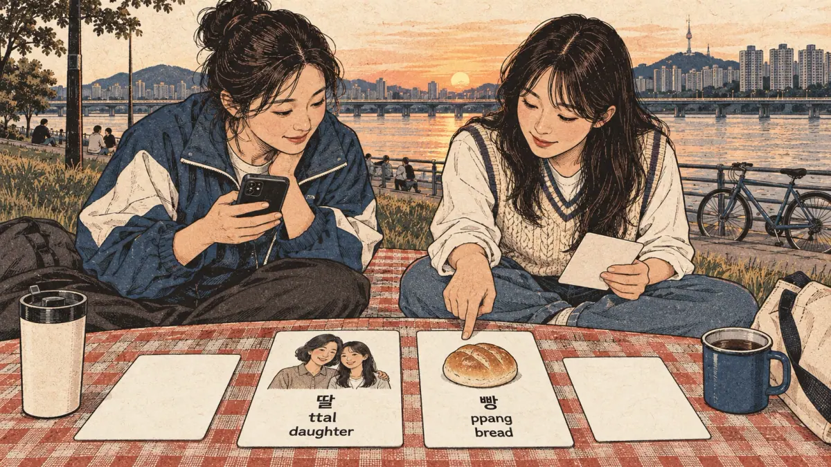 Illustrated practice cards: 딸, ttal, 빵, ppang