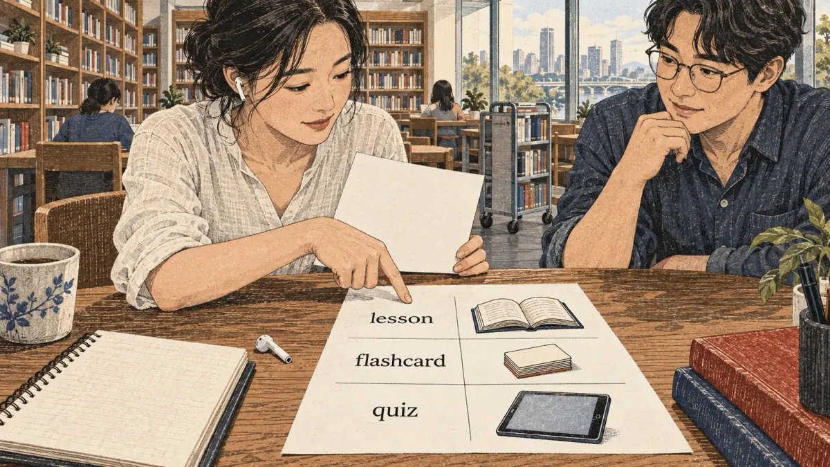 Illustrated practice card with lesson steps and a learner studying in Seoul.
