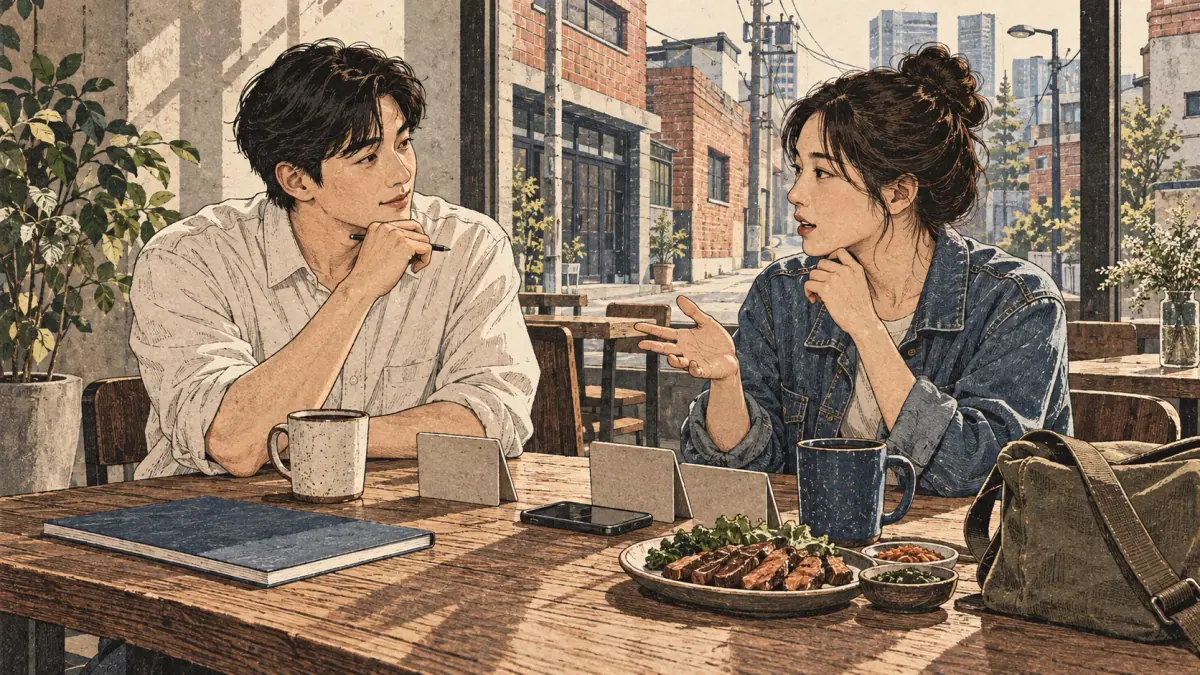 Adult learners practise Korean together in a Seoul café.