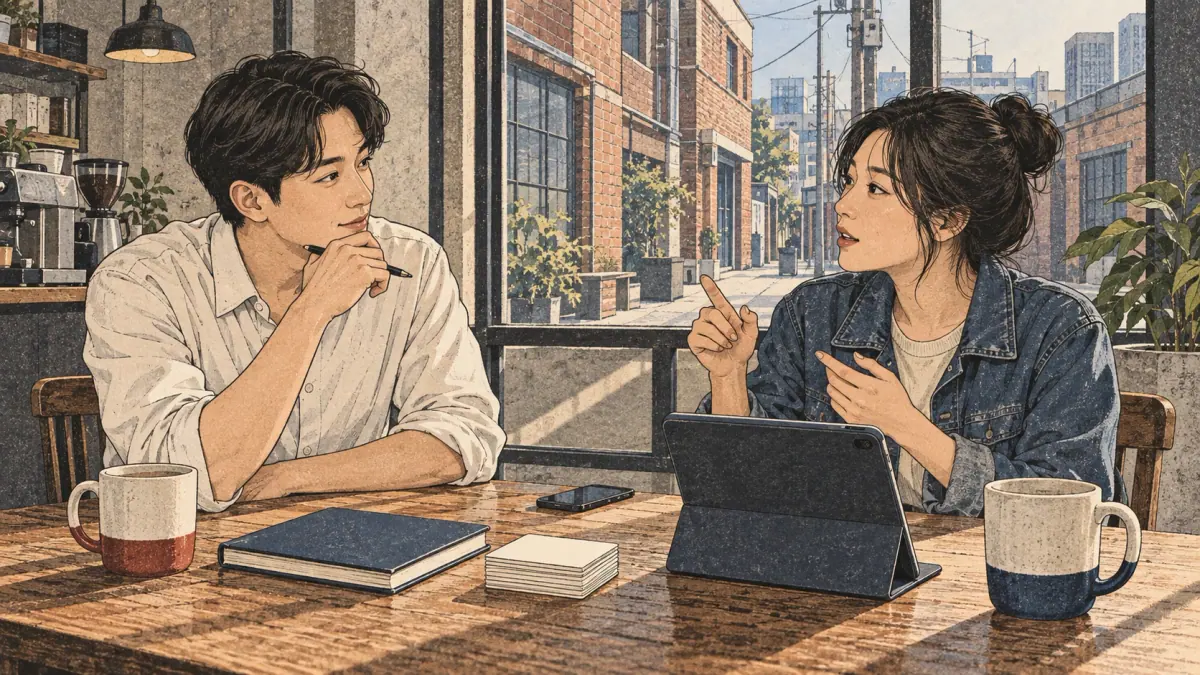 Adult learners practise Korean together in a Seoul café.