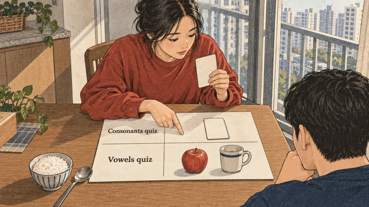 Illustrated practice card with lesson steps and a learner studying in Seoul.