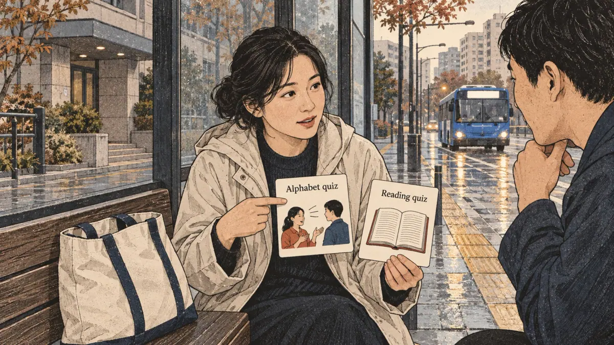Illustrated practice card with lesson steps and a learner studying in Seoul.