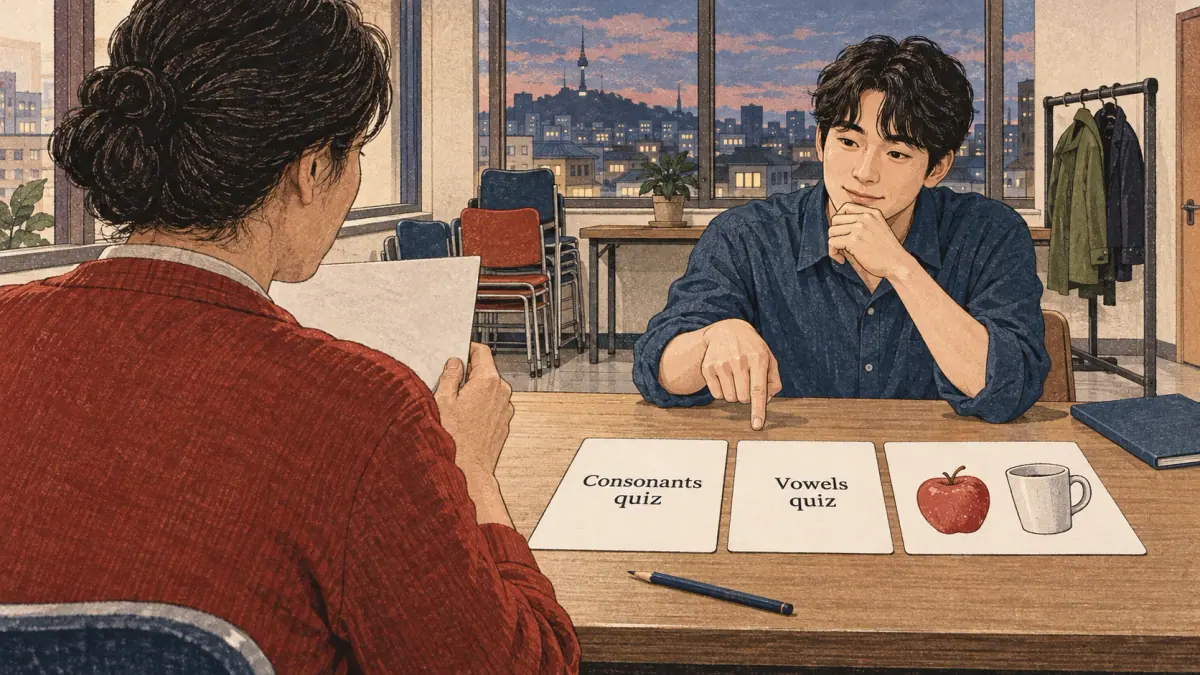 Illustrated practice card with lesson steps and a learner studying in Seoul.