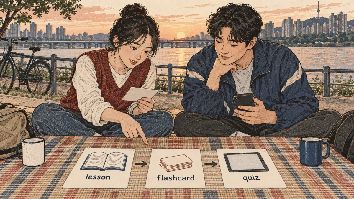 Illustrated practice card with lesson steps and a learner studying in Seoul.