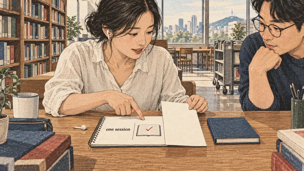 Illustrated practice card with lesson steps and a learner studying in Seoul.