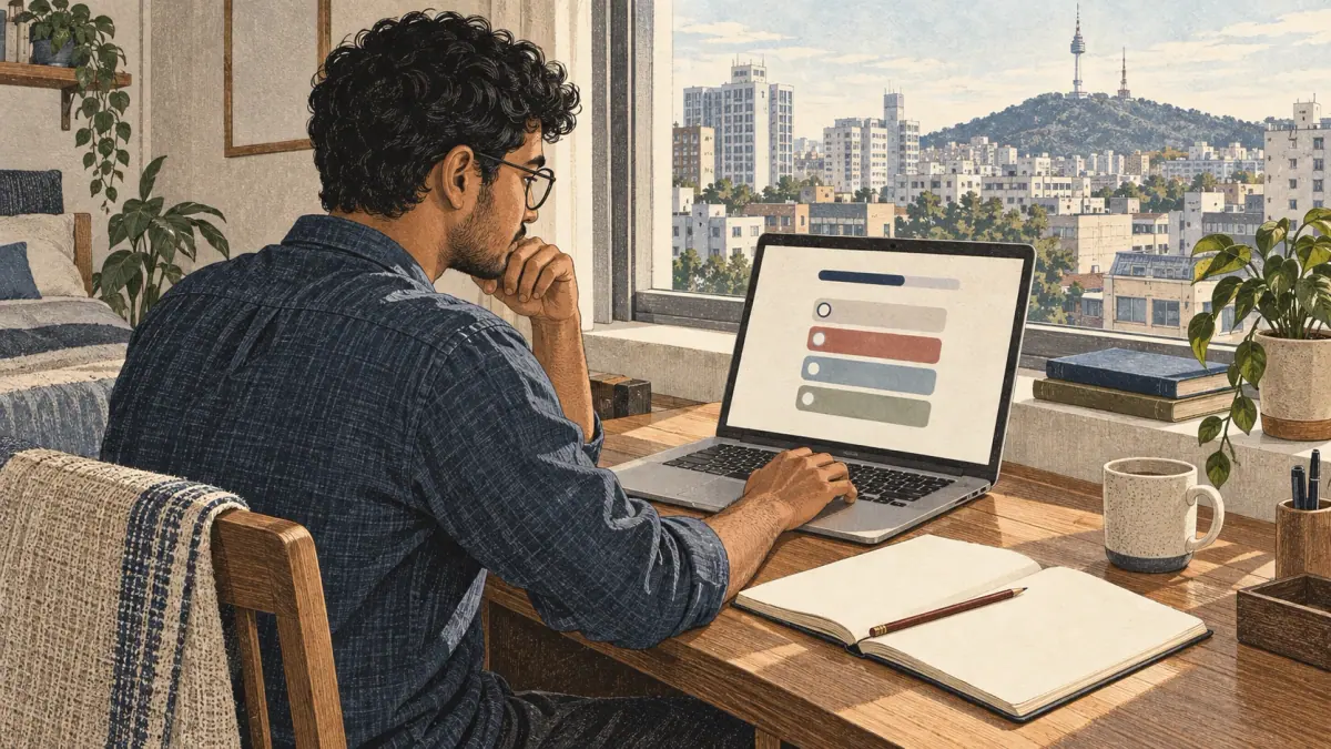 An adult learner takes a Korean self-assessment on a laptop at a sunny apartment desk in Seoul.