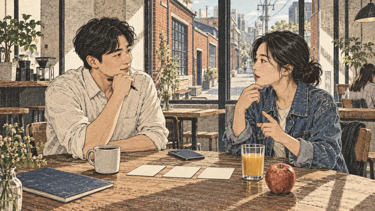 Adult learners practise Korean together in a Seoul café.