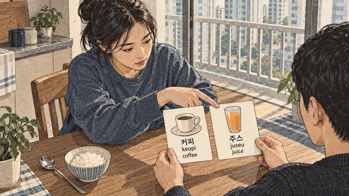 Illustrated practice cards: 커피, keopi, 주스, juseu