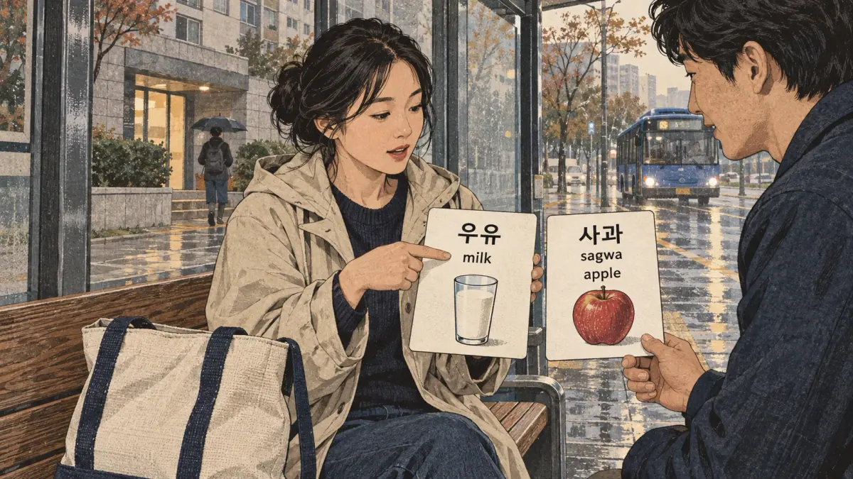 Illustrated practice cards: 우유, 사과, sagwa
