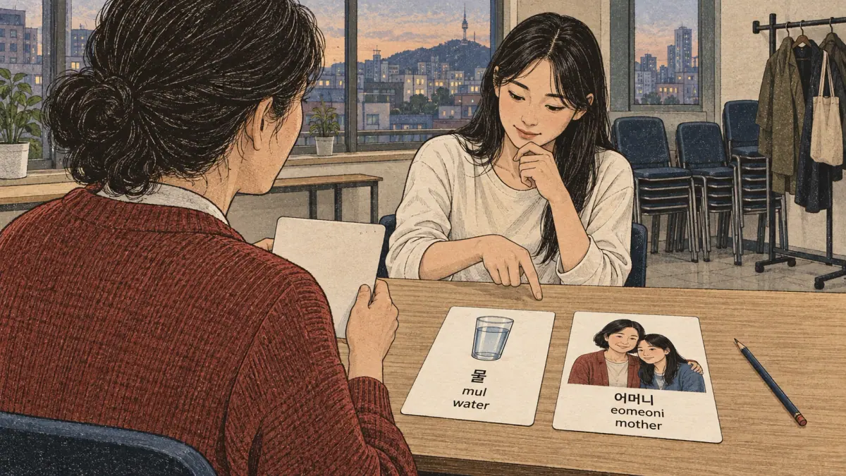 Illustrated practice cards: 물, mul, 어머니, eomeoni