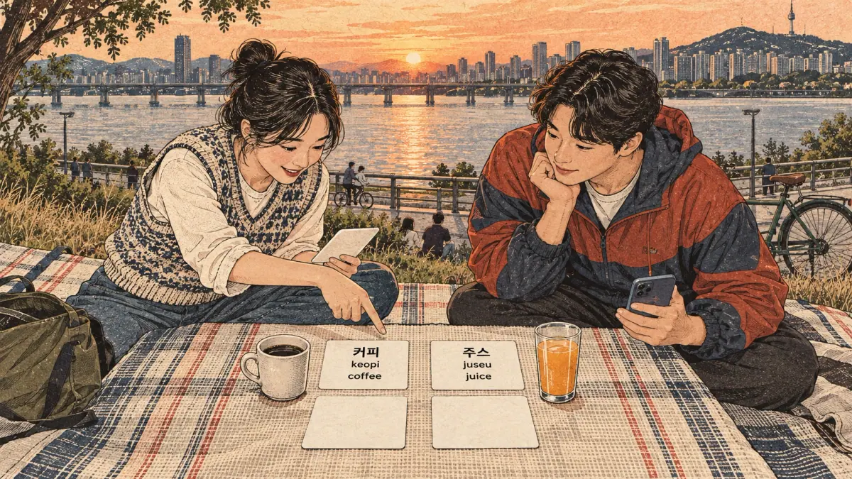 Illustrated practice cards: 커피, keopi, 주스, juseu