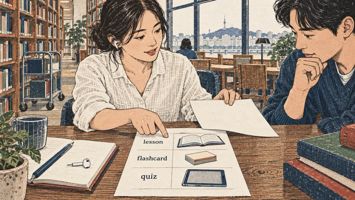 Illustrated practice card with lesson steps and a learner studying in Seoul.