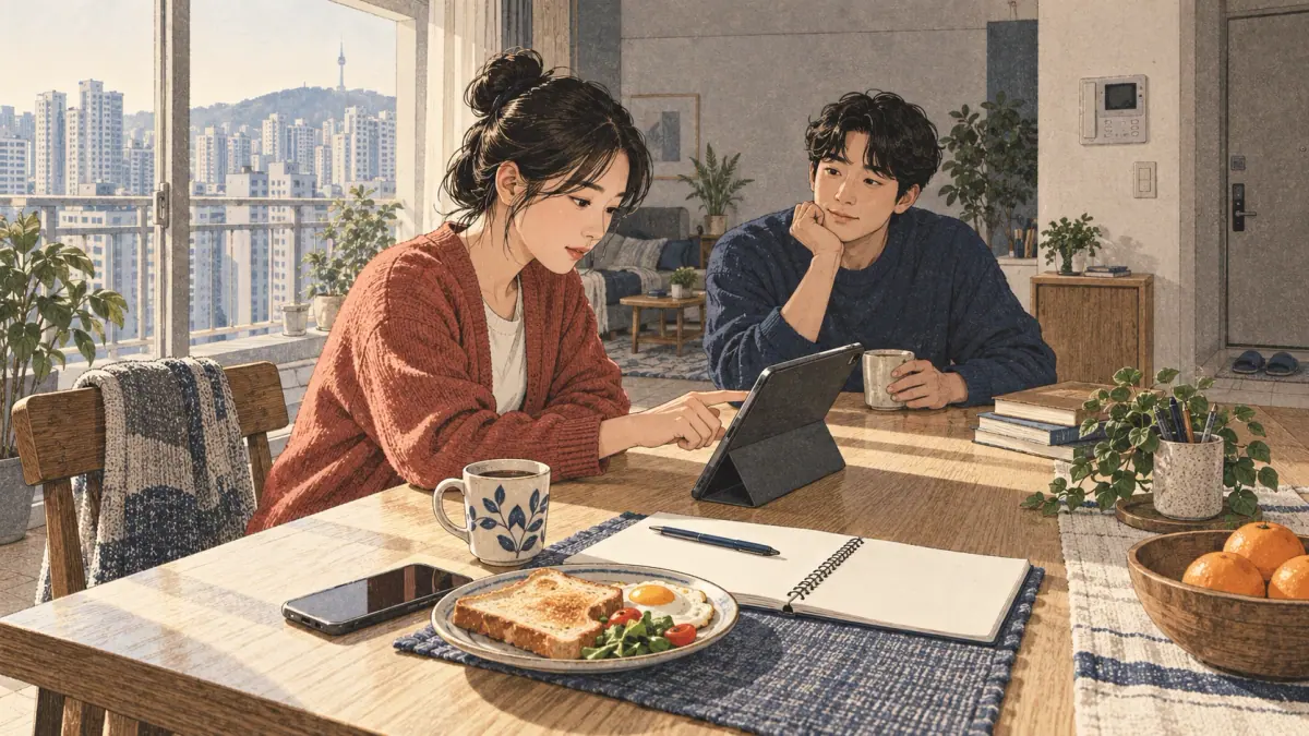 Illustrated Korean study scene.