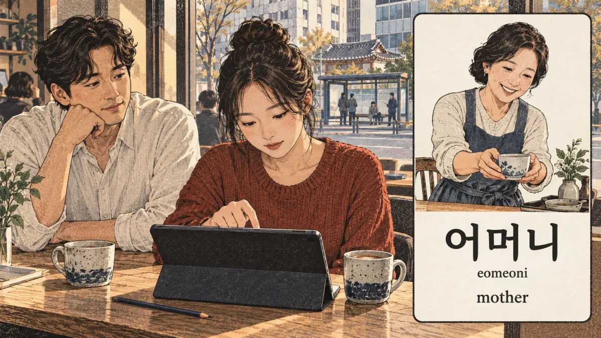 Korean study illustration: 어머니, eomeoni.